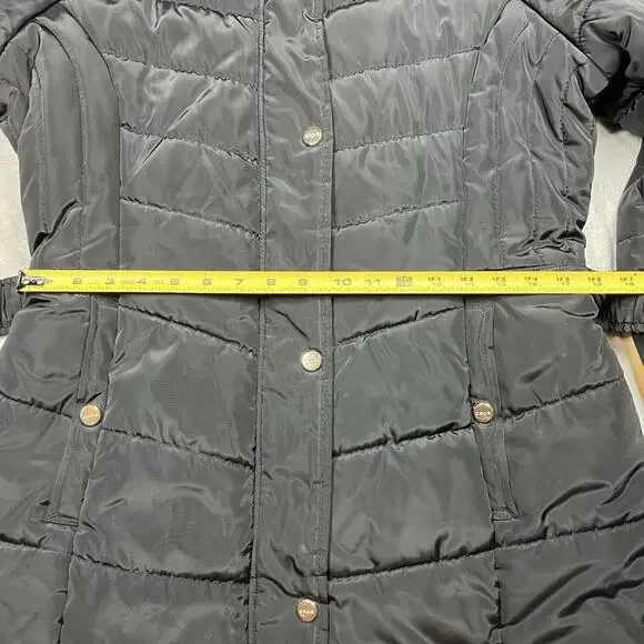 Bebe Long Black Puffer Coat Belted Gold Accents Womens L Double Zipper Hooded - Picture 12 of 16